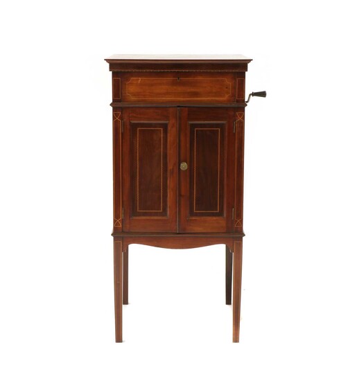 An early 20th century inlaid mahogany Bassanophone gramophone and cabinet