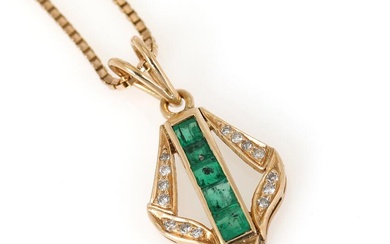 An emerald and diamond pendant set with five carre-cut emeralds encircled by...