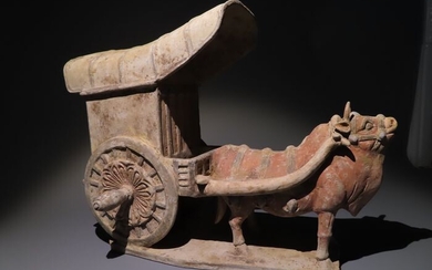 Ancient Chinese, Tang Dynasty Terracotta Ox Pulling A Cart Statuette. 618 - 907 AD. 40 cm Large. Unique Piece.