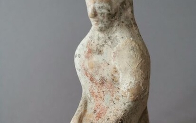 Ancient Greek Terracotta Colored Statuette of Entrhoned Goddess