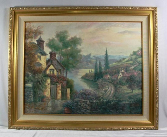 Antique Painting On Canvas" Lake Scene" Signed " Carl