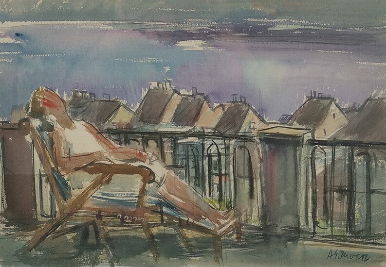 Artist (20th century) "View over the Überlingen Lake", lady lying on balcony in deck chair, in the