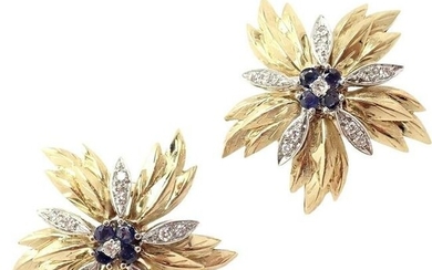 Authentic! Tiffany & Co 18k Yellow Gold Diamond Sapphire Earrings