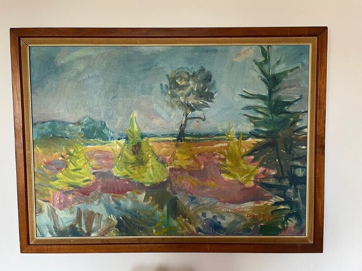 NOT SOLD. Axel P. Jensen: Landscape. Signed Axel PJ. Oil on board. Frame of solid teak. Visible size 62 x 89 cm. Framed. – Bruun Rasmussen Auctioneers of Fine Art