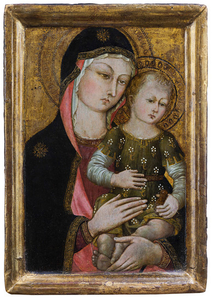 BENEDETTO DI BINDO (c.1370-1417). The Virgin with Christ Child. Tempera on gold ground/panel. With an expert report by Dr. Federico Giannini. Dr. Giannini attributes the "Virgin and Child" to the Sienan painter Benedetto di Bindo around the year 1410....