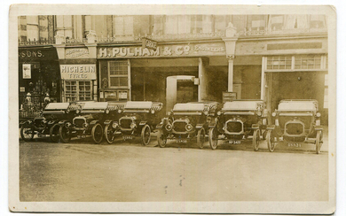 BSA. A collection of 30 postcards and photographs of BSA motorcars, including a row of BSA 12hp cars