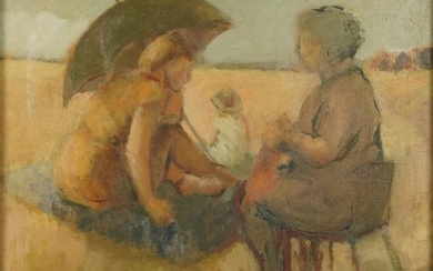 Beach scene with mother and child, post war British oil on c...