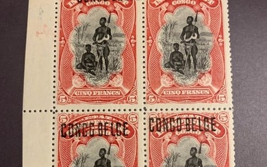 Belgian Congo 1909 - Prinsen issue ‘BRUSSEL’ overprint, type 2 in a block of four with sheet edges and certificate SC - OBP / COB 48PB2