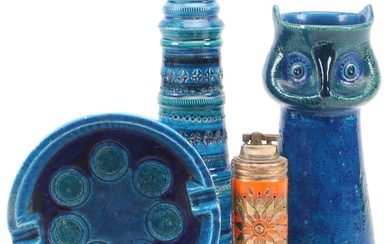 Bitossi "Rimini Blue" Ceramic Owl Vase, Lighters and Ashtray