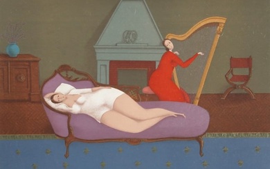 Branko Bahunek, Lounging with Harp, Lithograph on Japon