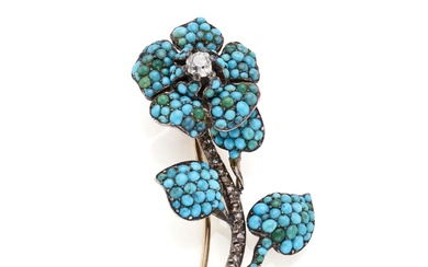 Broche en forme de fleur en turquoise pavée, or 9K et argent, rehaussée de diamants...