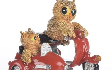 Brown Owl & Owlet Riding Red Bike Trinket Box