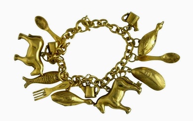 C1950S CHARM BRACELET WATERING CAN, GOOSE, SPOON, FORK, CLAM, MUSCLE, DUCK, FISH, KEY 1950'S GOLD