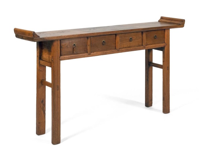 CHINESE ELMWOOD ALTAR TABLE Top constructed from two boards conjoined with three dutchmen. Apron fitted with four side-by-side drawe...