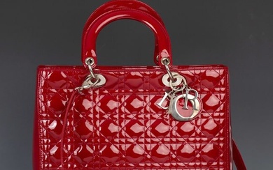 CHRISTIAN DIOR Red Patent Leather Large Lady Dior Bag