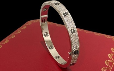 Cartier Love Bracelet Diamond Paved 18K White Gold Diamonds & Ceramic Size 17