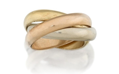 Cartier, a three colour 'Trinity' ring by Cartier, signed Cartier, Paris, numbered 4B, French assay marks and maker's mark, ring size I½, with maker's case