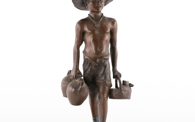 Cast Metal Figural Sculpture of a Boy Carrying a Basket and Jugs