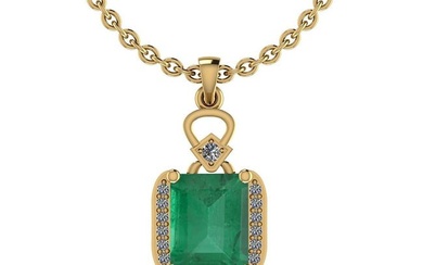 Certified 3.30 Ctw Emerald and Diamond I2/I3 14K Yellow Gold Victorian Style Pendant Necklace