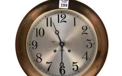 Chelsea Ship's Bell Clock - Brass case with rose-gold tone, Arabic numerals, hinged lid cover.