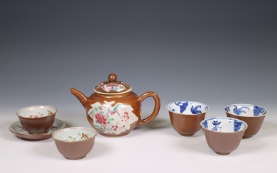 China, a small collection of café-au-lait-ground famille rose porcelain tea ware, 18th century