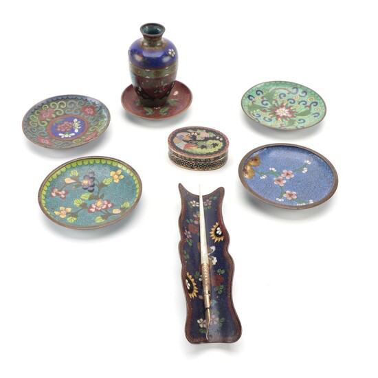 Chinese Cloisonné Plates, Vase and Box with Mother-of-Pearl Handled Dip Pen