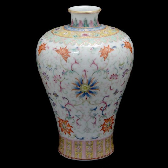Chinese Enameled Famille Rose Lotus Mei Ping Vase. "Six