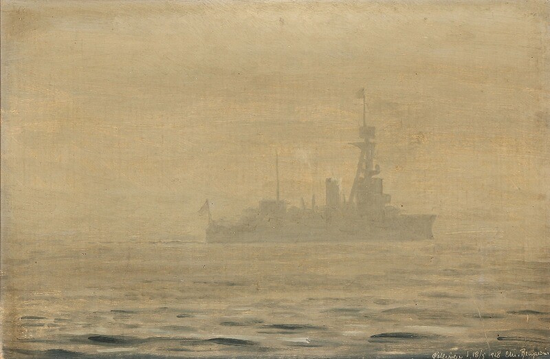 Chr. Benjamin Olsen: Seascape with the war ship, Niels Juel, in the fog. Signed and dated Chr. Benjamin Olsen Østersøen d. 18/5 1928. Oil on canvas. 27×41 cm.