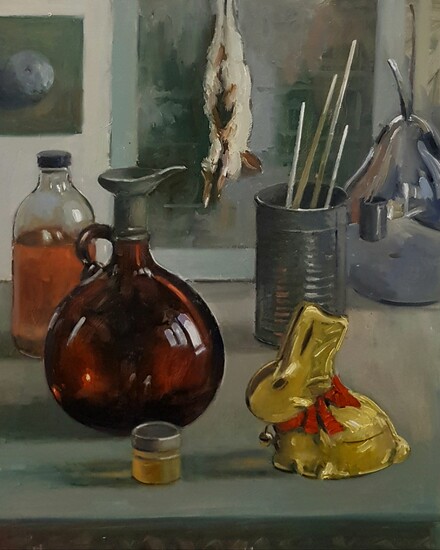 Chris Slater, "The golden bunny", unframed oil on panel, 16 x 20in, c. 2020. Shipping to the UK �15.