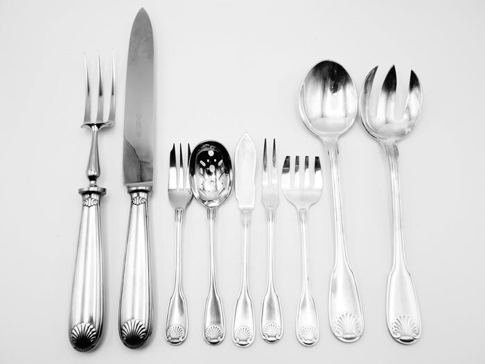 Christofle - Serving Cutlery Set (9) - Louis XIV - Silver-plated - Coquille