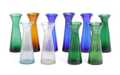 Collection of coloured glass hyacinth vases. 19th century. H. 21 cm. (10)