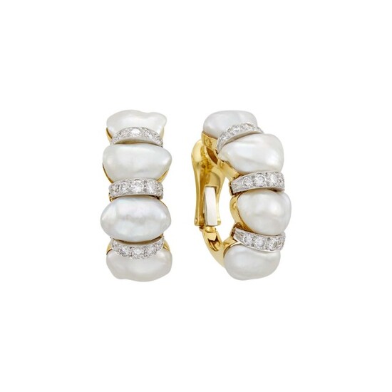 David Webb Pair of Gold, Platinum, Baroque Cultured Pearl and Diamond Earclips