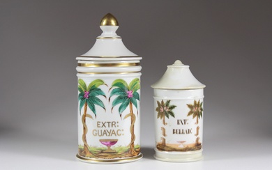 Deux vases à pied de pharmacie. Allemagne, vers 1840, porcelaine blanche, peinte et inscrite "Extrait...