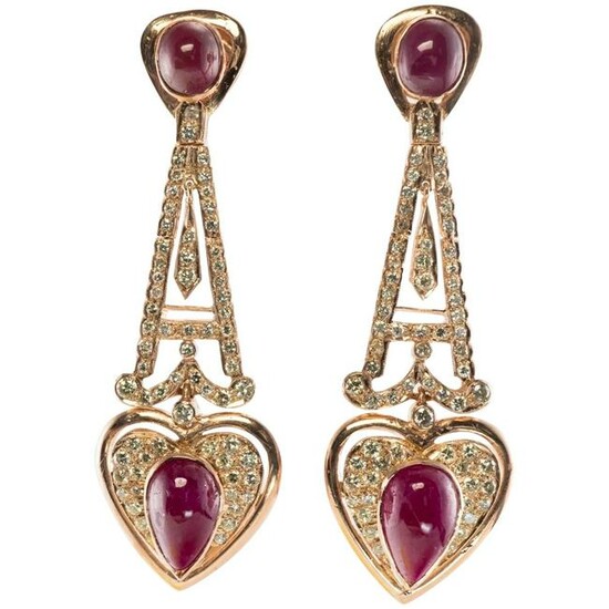 Diamond Ruby Heart Earrings 18K Rose Gold Dangle