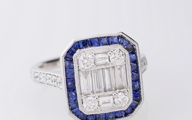 Diamond, Sapphire, 18k White Gold Ring.