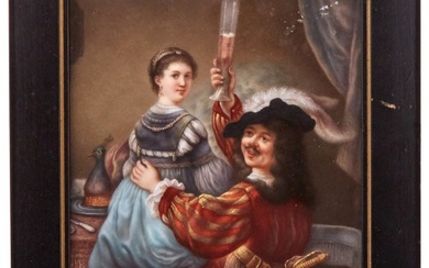 Dresden Hand-Painted Porcelain Rectangular Plaque of Rembrandt and His Spouse, Saskia, in the Guise of the Prodigal Son in a Tavern