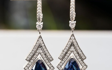 Drop Sapphire Earrings with Diamonds - 14 kt. White gold - Earrings - 18.54 ct Sapphire - Diamond, 1.65ct Natural Diamond D VVS