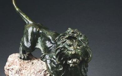 EARLY 20TH CENTURY JACQUES MERCULIANO FRENCH BRONZE LION ON ROCKY GRANITE BASE, SIGNED.