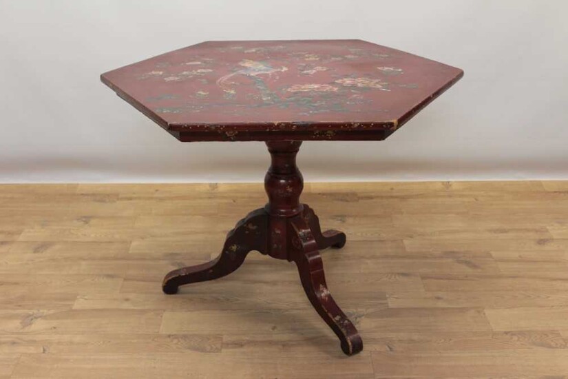 Early 20th century Japanese red lacquer hexagonal occasional table with inlaid abolone shell and painted floral decoration