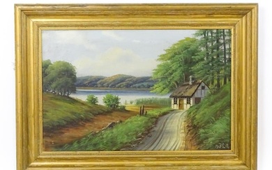Early 20th century, Oil on canvas, A lake scene with a thatched cottage. Signed with initials FL and