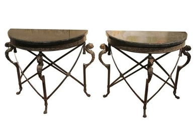 Early 20th century pair of Italian half moon design console tables