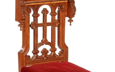 (-), Oak decorated prayer chair with red velvet...
