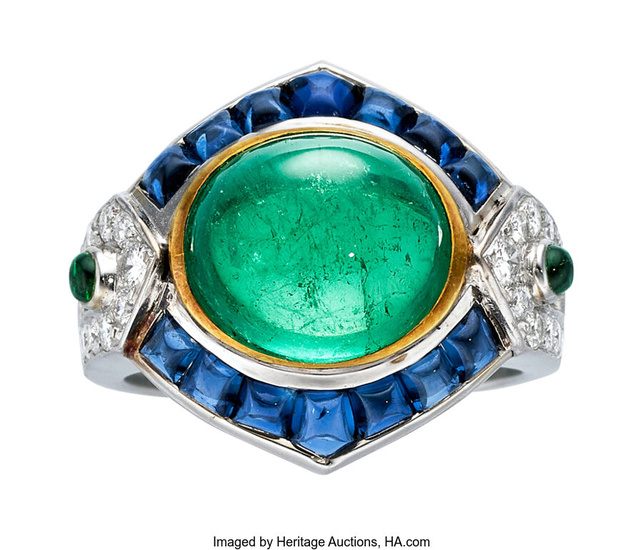 Emerald, Sapphire, Diamond, White Gold Ring Stones: Emerald cabochons;...