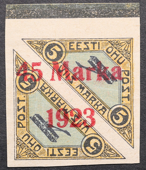 Estonia air mail stamp with 45 Marka 1923 overprint on 5 Marka (2mm between 5 & M)