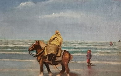 F. V. Damme. XX eeuw - Garnaalvisser te paard op Noordzee strand