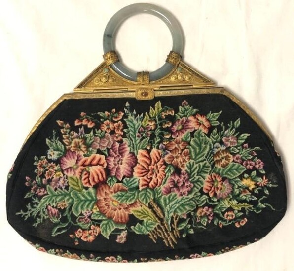 FLORAL NEEDLEPOINT PURSE WITH JADE RING HANDLE