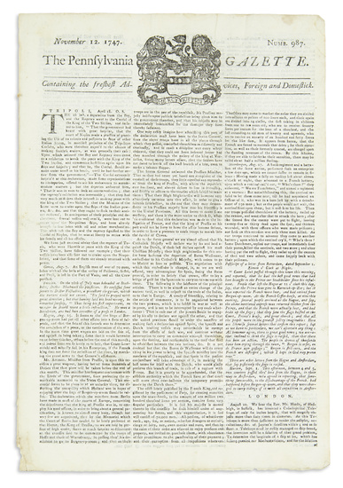 (FRANKLIN, BENJAMIN.) The Pennsylvania Gazette. #987. 4 pages, 12 1/4 x 8 1/4...