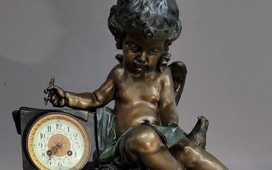 Fantastic 1880's 3 Color Bronze Putti French Clock with putti writing letters & bird observing.