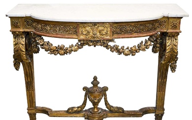 Fine quality 19th century French marble topped carved gilt console table, of shaped bowfront outline, the moulded white marble top on boss and scroll ornament frieze and carved swag apron, raised o...