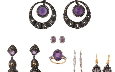 Five various pairs of amethyst earrings and a ring, earrings comprise: a pair of 19th century pear-shaped foiled amethyst drop earrings each with cannetille borders, and turquoise single stone accent, to serpent design suspension loops; a pair of...